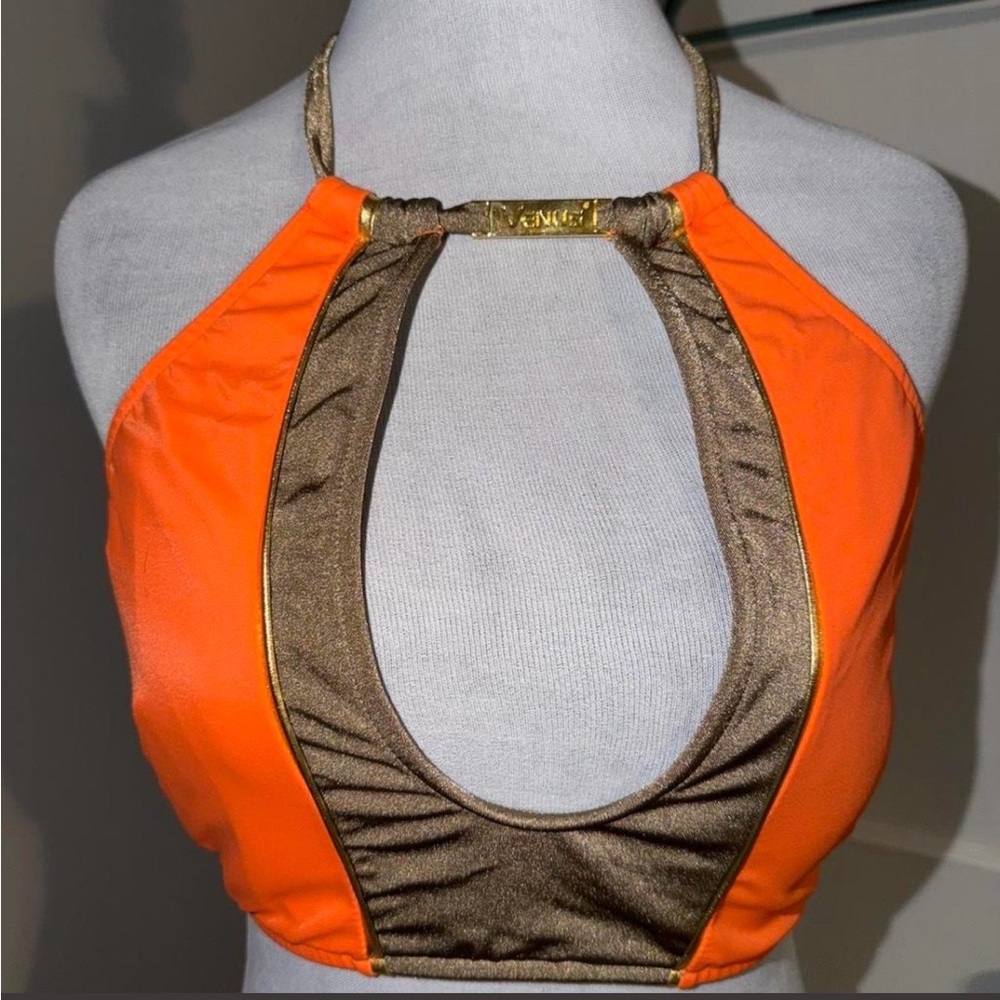 Orange & Bronze Halter Crop Top with Gold Accent